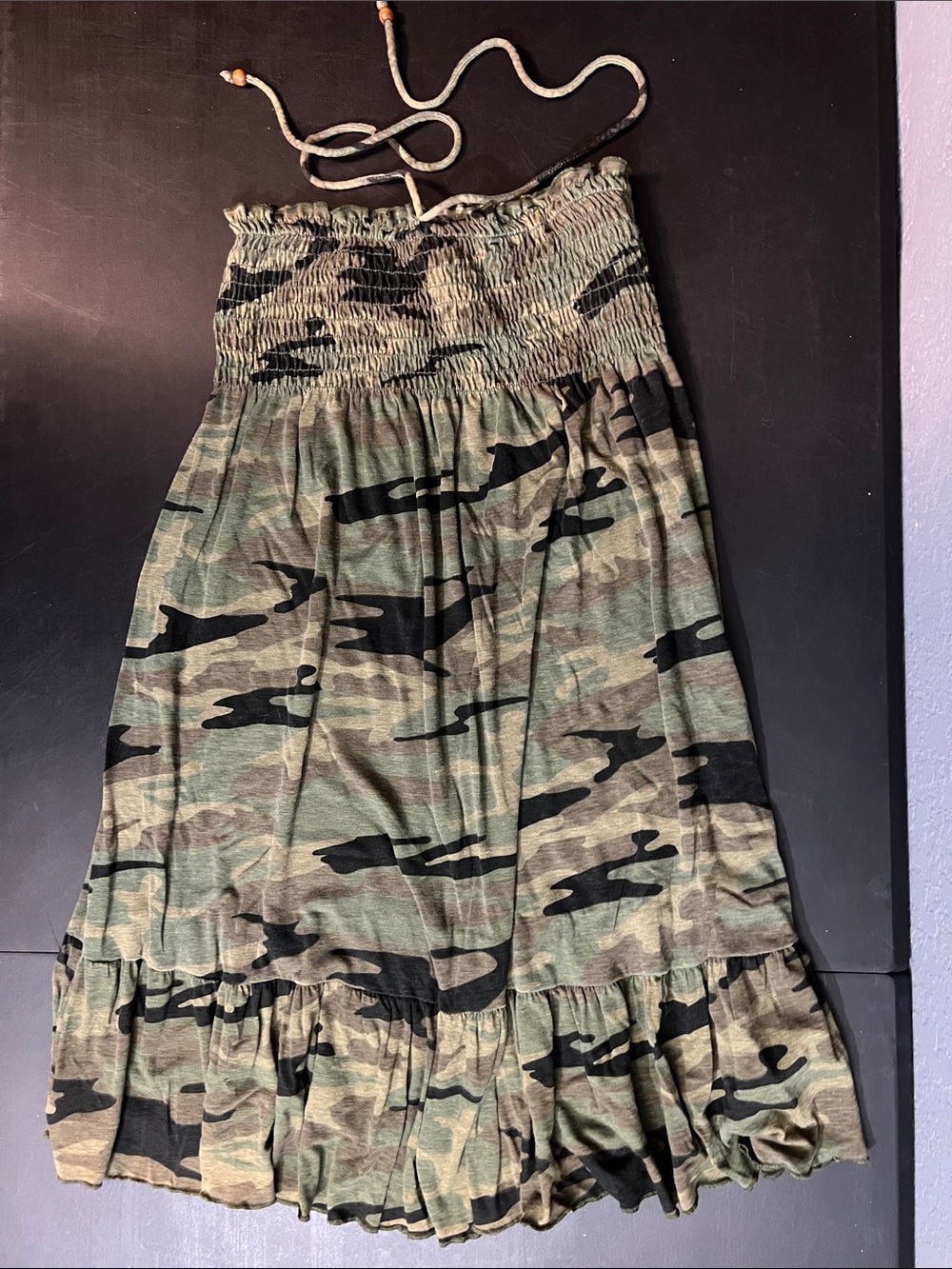 No Boundaries Green Camo Strapless Smocked Dress